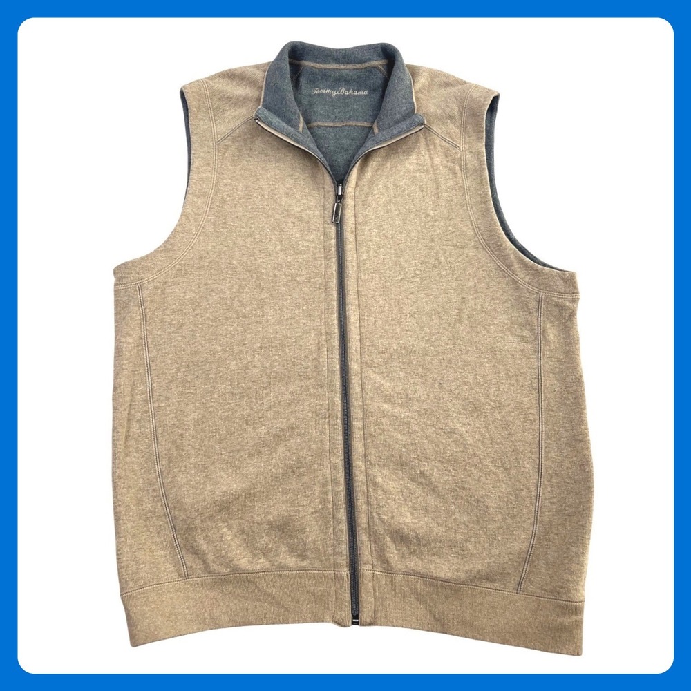 Tommy Bahama Reversible Vest Men's XL Tan Gray Ribbed Mock‎ Neck Full Zip Golf